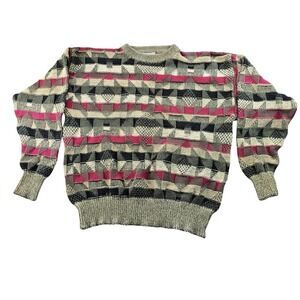 Pacific Club Sweater Womens Large Beige Pink Pattern Knit Long Sleeve Crew Neck